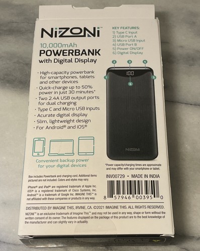 NEW Nizoni 10.000mAH POWERBANK w/ Digital Display Charge 2 Devices - Picture 2 of 2