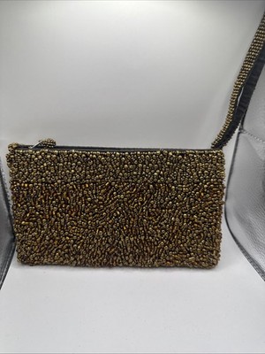 Beaded Wristlet/Clutch Bag Amber And Gold Tone Beads