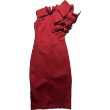 Red Ruffle Shoulder Sheath Dress with Rose Brooch Sleeveless Mock Neck Cocktail