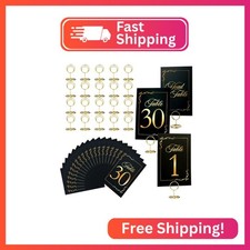 Wedding Table Numbers 1-30 with Head Table Card, Black  Gold Cards and Holders,