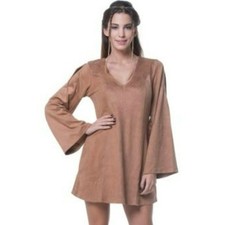 Mink Pink Tan Faux Suede Long Bell Sleeve Open Shoulder Mini Dress Size Medium