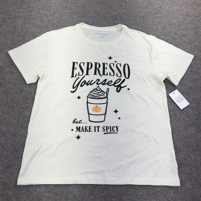 Lucky Brand Shirt Womens Small White Espresso Yourself Pumpkin Spice Tee Graphic