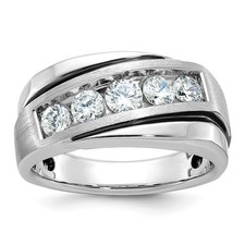14k White Gold Polished Satin and Grooved Round Cut Diamond Men Ring Size 10