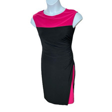 CHAPS Colorblock Dress Stretchy Jersey Ruched Side Small Fuchsia Black