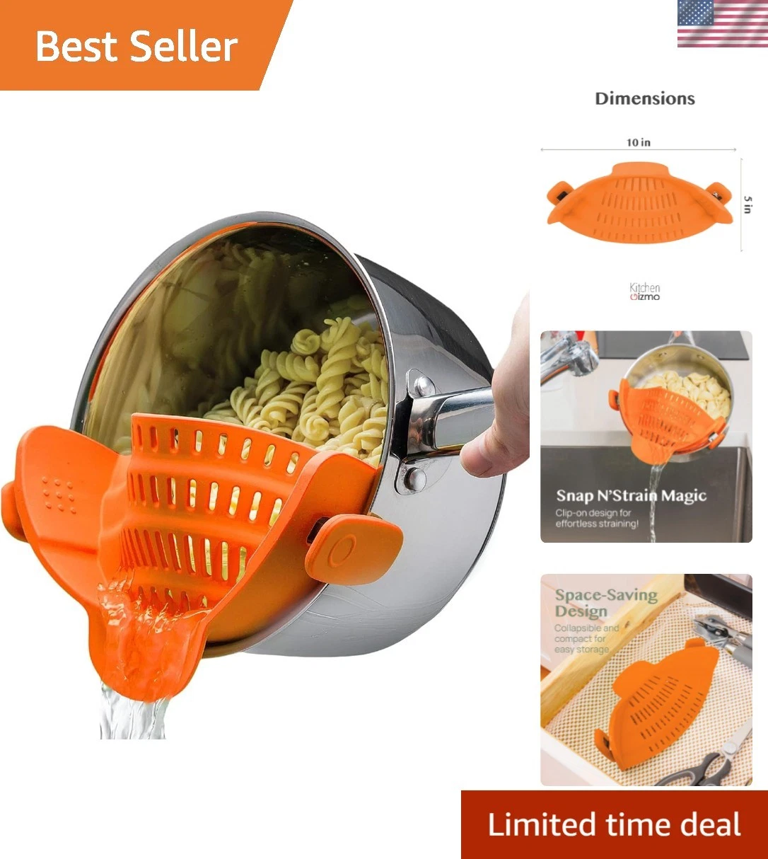 Snap N Strain Clip On Strainer for Pots and Pans - Adjustable Silicone Coland...
