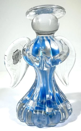 BLENKO Art Glass 5.5” Angel Figurine Cased Blue/White Crystal • Marked & Sticker