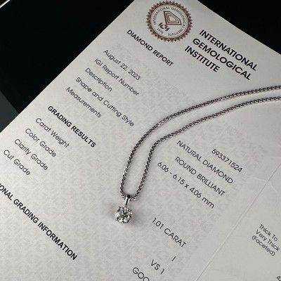 1.01ct IGI VS1/ I Round Brilliant Cut Diamond Pendant & 14k White Gold Necklace