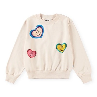 Molo Marge Sweatshirt Sequin Hearts Smiley Face Cream Organic Cotton 10Y 140