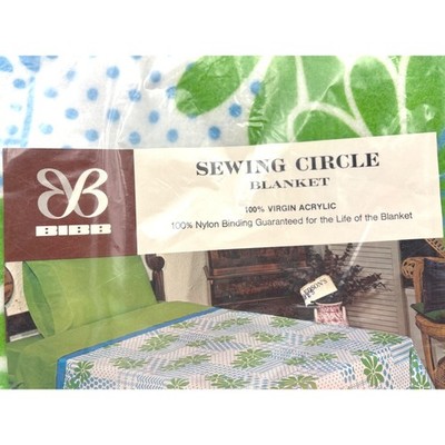 60's NEW NWT Vintage Sewing Circle Blanket BIBB Acrylic Floral Green Blue White