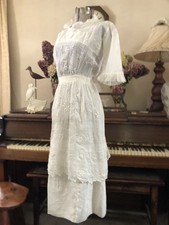 Vintage 1900 s Edwardian Ethereal Fine Cotton White Embroidery Dress 32-22-36