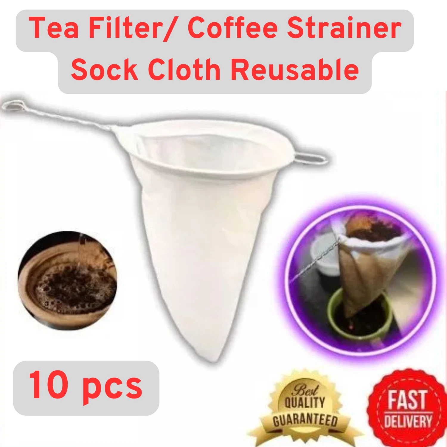 10 Pcs Tea Filter/ Coffee Strainer Sock Cloth Reusable Traditional Style M Size