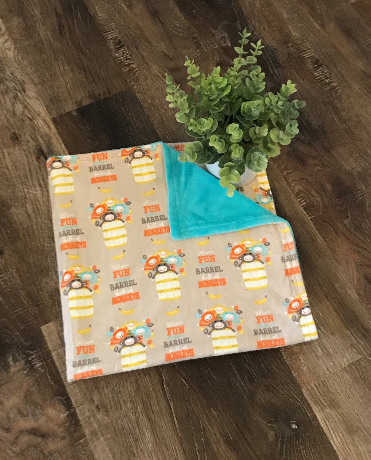 Baby Gift Blanket Barrell Full of Monkeys Minky Flannel Shower Present Handmade