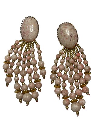 Beautiful Vintage Natural Soft Pink Stone and Dangle Beaded Gold TNE ERRGS E4029