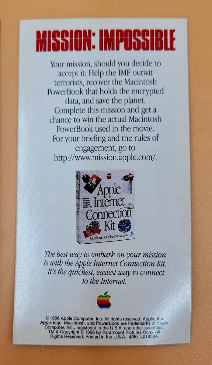 Mission Impossible Promo Cards 1996 Tom Cruz Macintosh Apple 