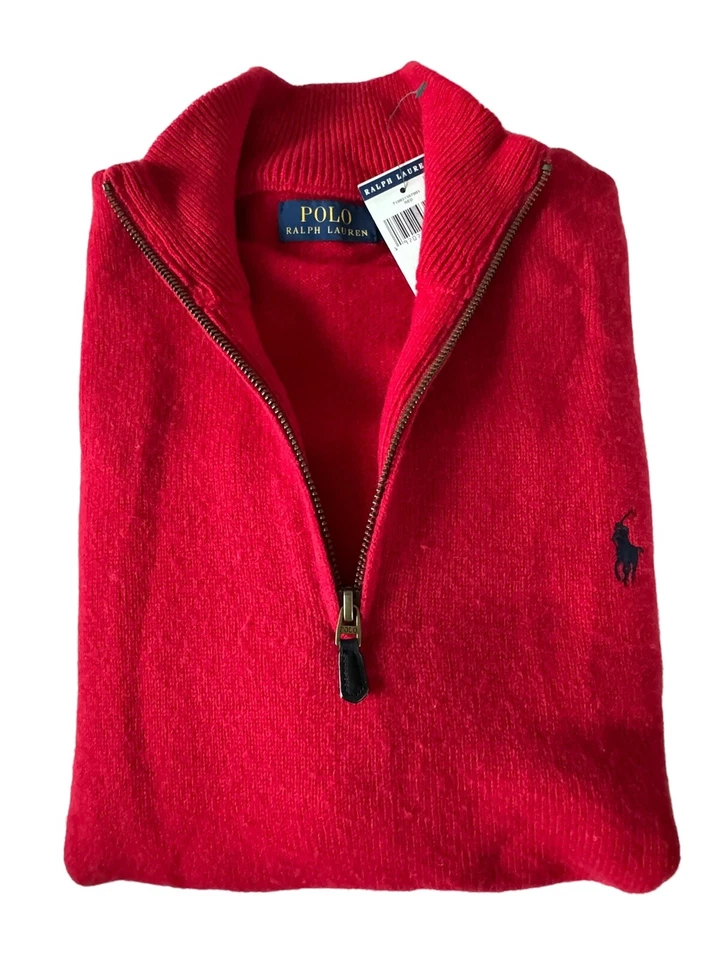 NEW POLO RALPH LAUREN RED WOOL ALPACA PONY MOCKNECK HALF ZIP SWEATER PULLOVER L - Image 2 of 4