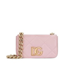 Dolce & Gabbana Handbag Pink Leather Logo Quilted Shoulder Clutch Crossbody Bag