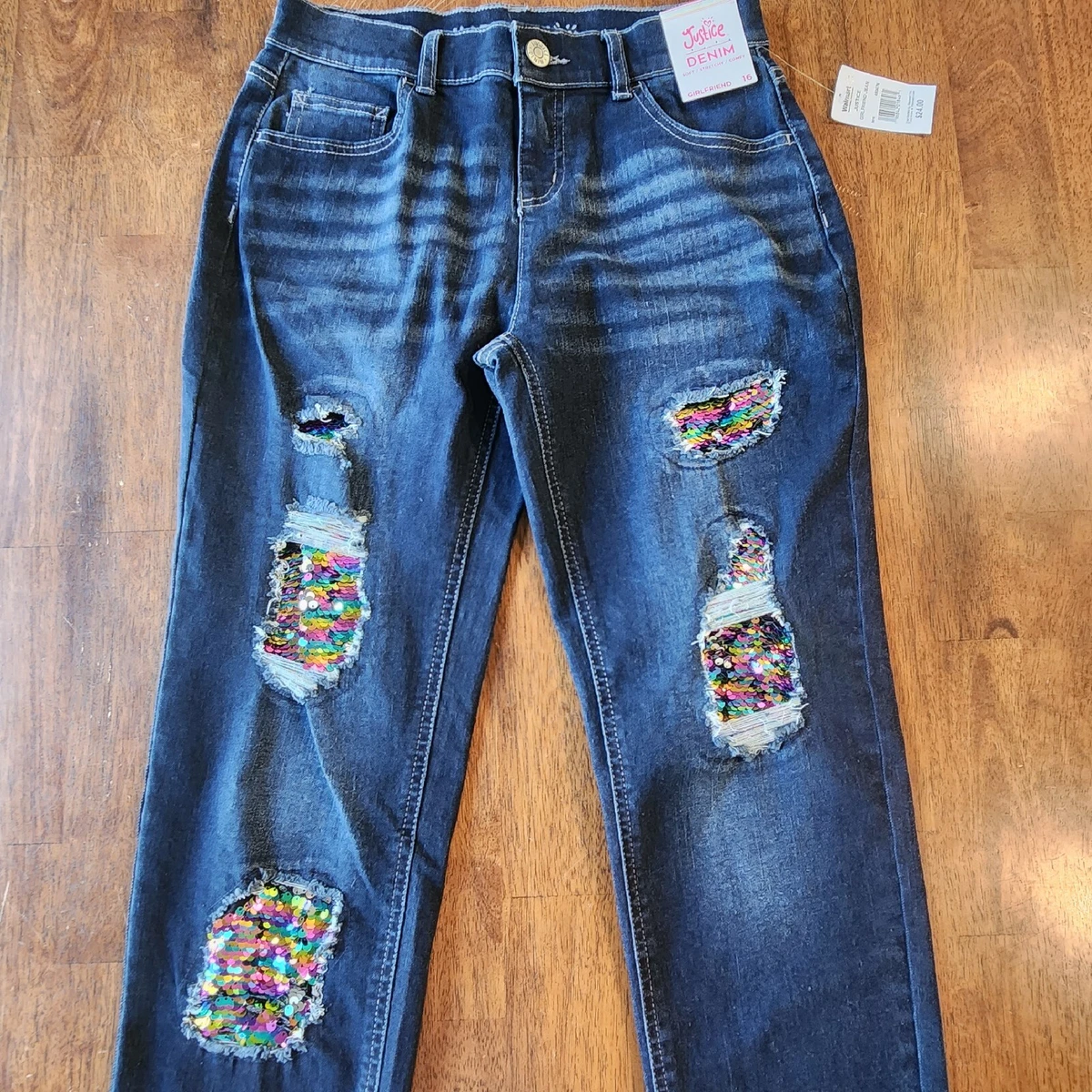 NWT JUSTICE GIRLFRIEND DENIM JEANS SIZE 16 RIPPED DARK WASH