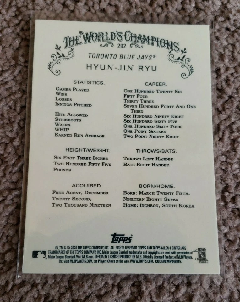 2020 Topps Chrome Allen Ginter #292 Hyun-Jin Ryu Base Card Toronto Blue Jays - Image 2 of 2