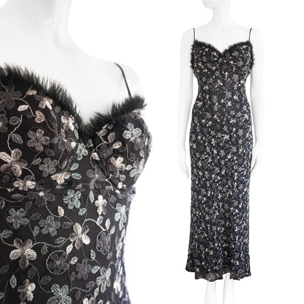 Lolita Lempicka Silk Dress 1990s/ Vintage Y2K Feather Trim Floral Midi Maxi Dres