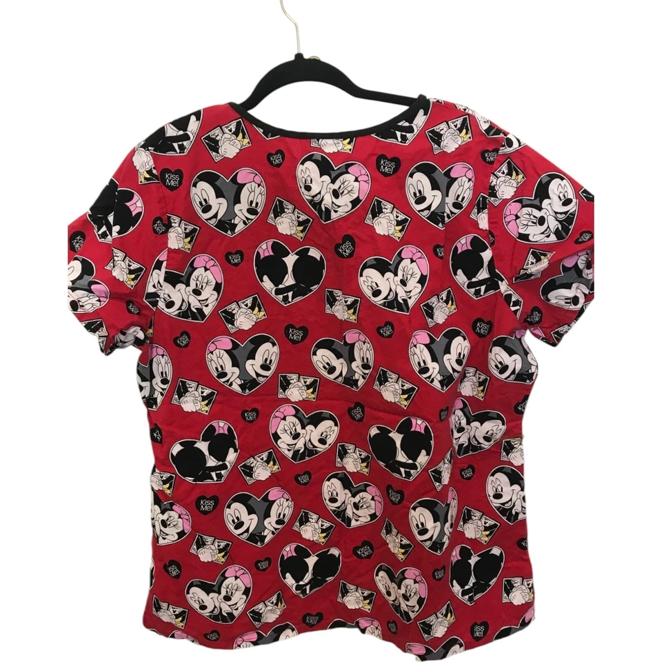 Disney Scrub Top Womens Size L Red Graphic Print Mickey Minnie Mouse V Neck - Image 2 of 4