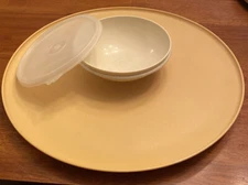 Tupperware #492-2 3 Piece Chip Dip and Serve Yellow Tray and Bowl w/Lid Vintage