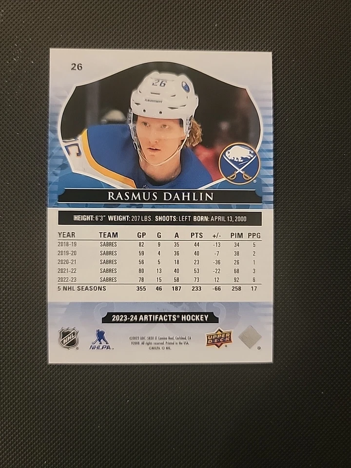 2023-24 Upper Deck ARTIFACTS Rasmus Dahlin #26 PURPLE /25 Buffalo Sabres - Image 2 of 3