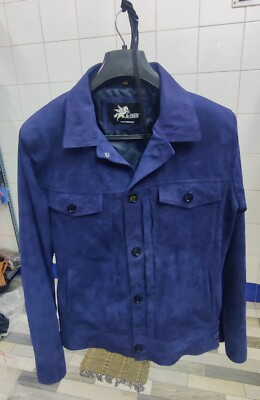 Men Genuine Lambskin Blue Suede Leather Jacket Denim Cowboy Jacket  MTJ10b
