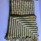 Vtg Handmade Afghan Crochet Blanket Throw Green Mustard White Fringe Edge 61x45