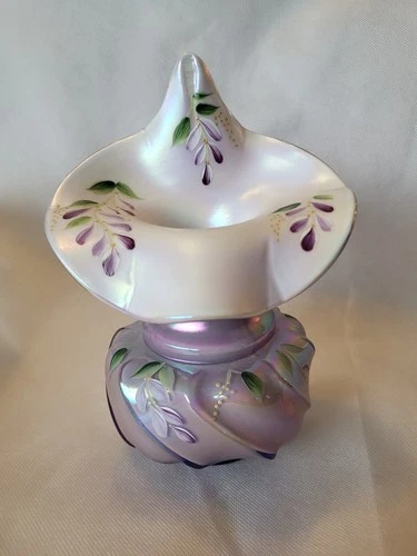 Fenton Hand Painted Jack In The Pulpit Opalescent Glass Vase Signed