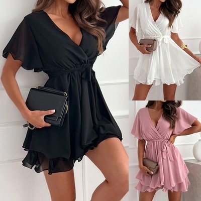 Damen Chiffon Sommerkleid Freizeitkleid V-Neck Minikleid Urlaubkleid Partykleid