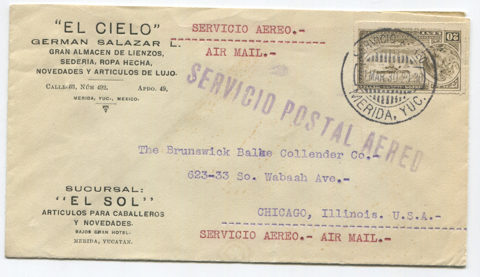 1930 Mexico Mérida Airmail Commercial Cover to Chicago “El Cielo” Store Cachet