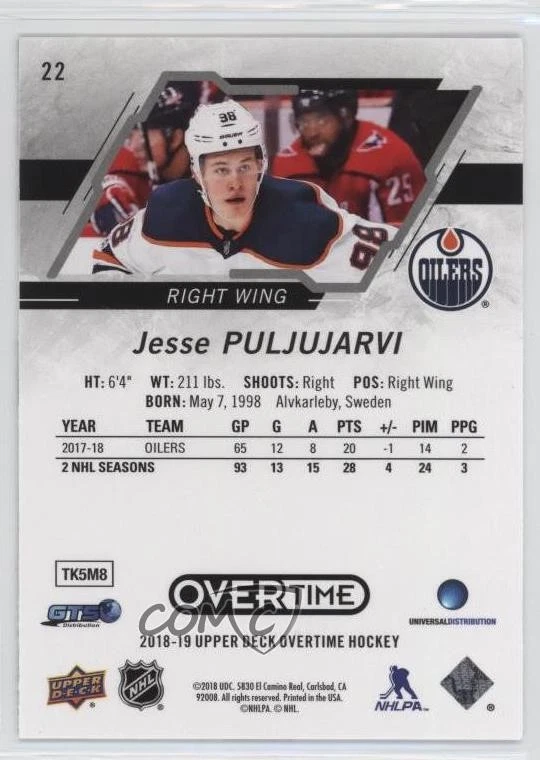 2018-19 Upper Deck Overtime Jesse Puljujarvi #22 - Image 2 of 2