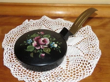 TOLEWARE Vtg Crumb Catcher Silent Butler Metal Tray Black Hand Painted Floral