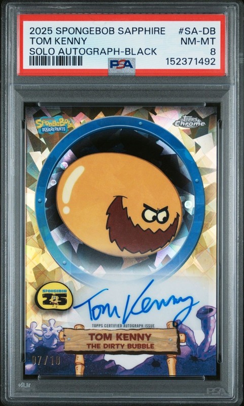 2025 Topps Chrome SpongeBob The Dirty Bubble Tom Kenny Auto Black /10 PSA 8