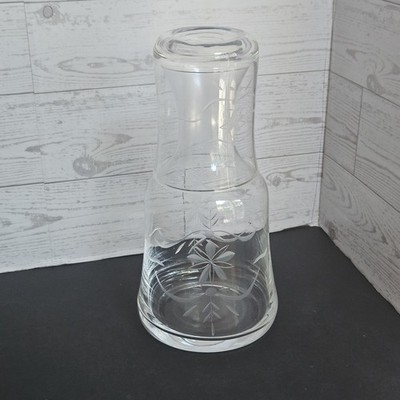 Vintage Etched Glass Tumble Up Bedside Water Carafe With Tumbler Floral
