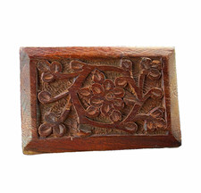 Vintage Small Carved Wood Floral Trinket Box w/ Lid, Brown Rectangular Storage