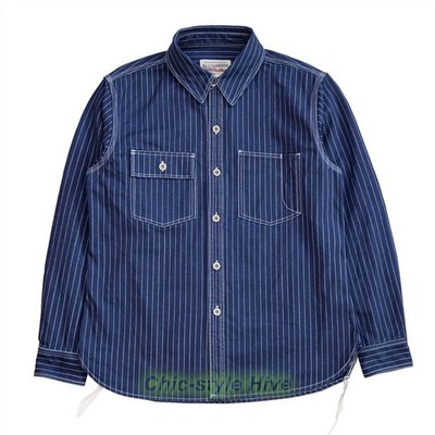 Red Tornado Vintage 12oz Cotton Wabash Stripe Work Shirt Men Casual Shirt INDIGO