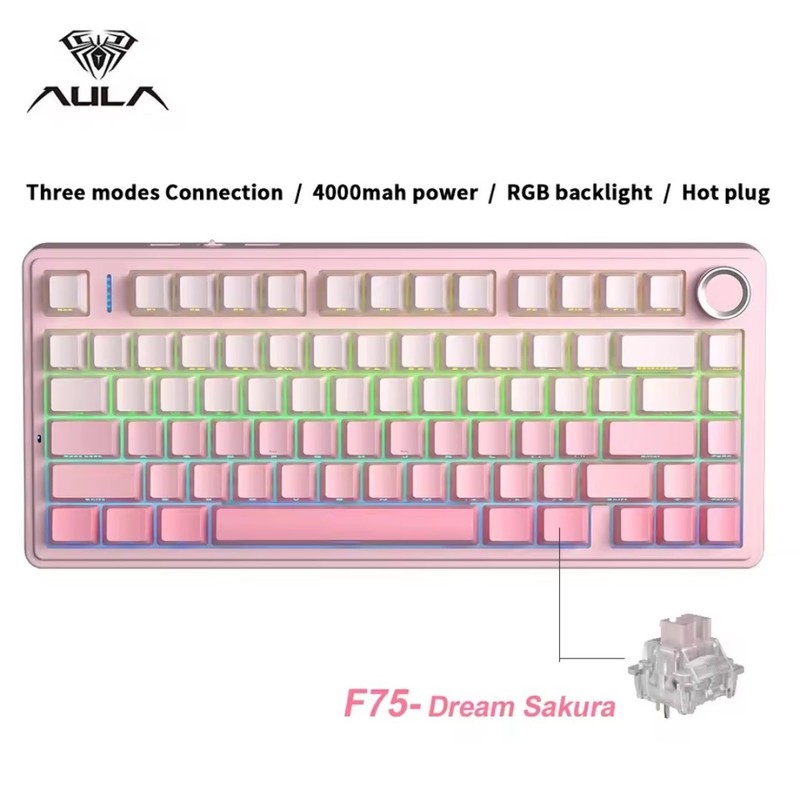 Aula F75 Mechanical Keyboard 75% , Pink 3-Mode, 2.4GHz, Bluetooth, Wired
