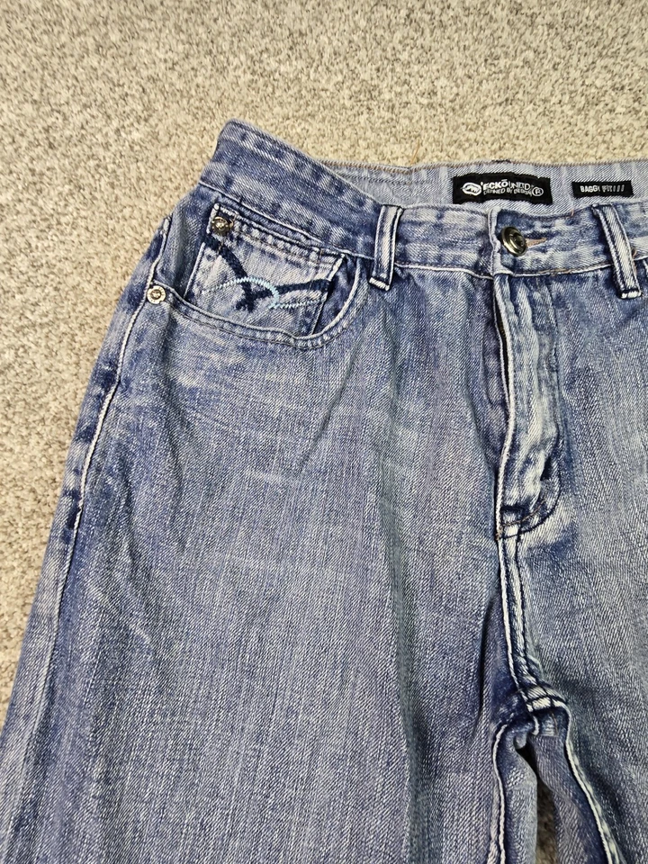Pantalones de mezclilla Ecko Unltd para hombre W32 azul calce holgado desgastado bordado Y2K Foto 2 de 4