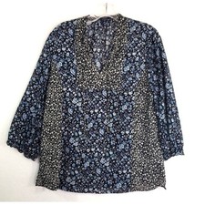 Chaps Blouse Womens Medium Blue Ditsy Floral Peasant V Neck Office Workwear Boho
