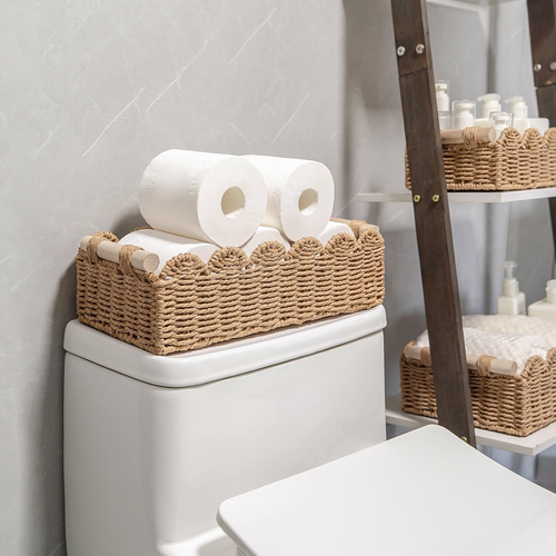 Small Scalloped Edge Paper Rope Toilet Paper Storage Basket with 2 Wooden Handle - Picture 4 of 12
