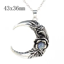 Natural Labradorite  Stone Rose Flower Crescent Moon Pendant Necklace For Women
