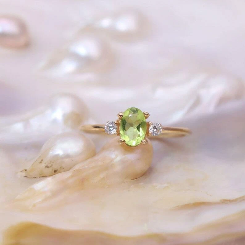 Green Peridot Ring 14k Solid Gold Statement Ring Moissanite
