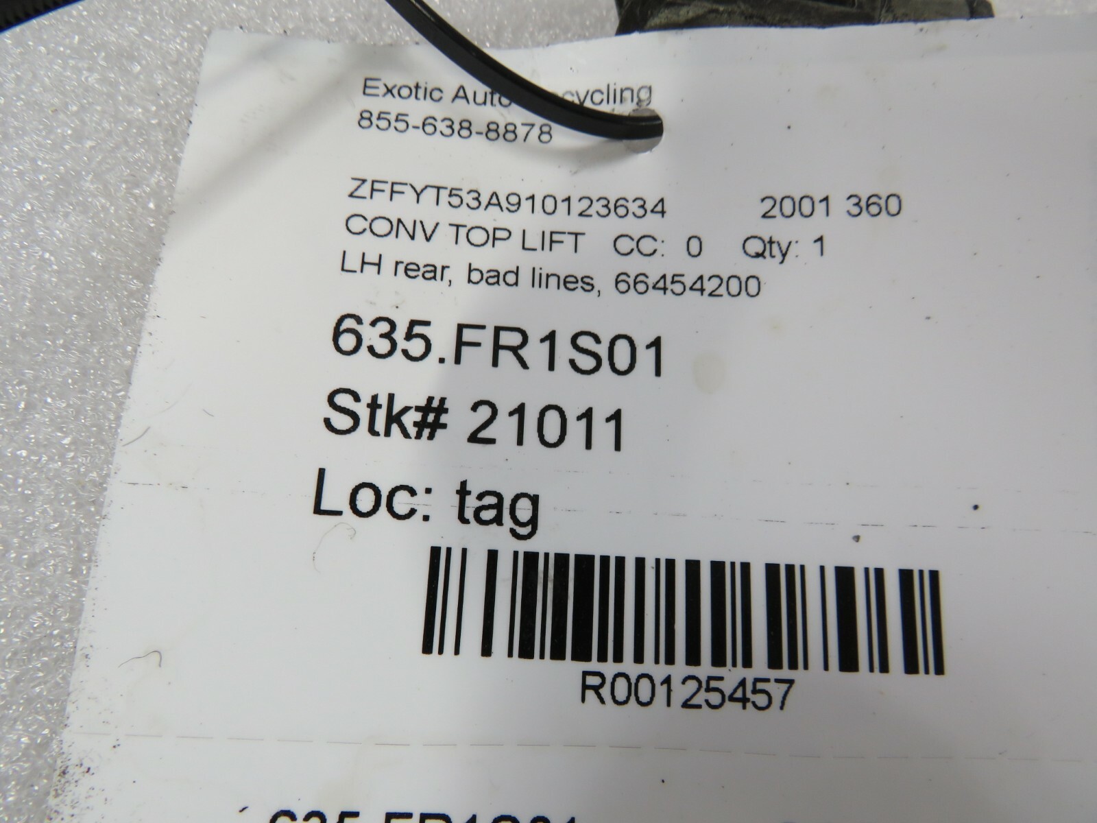 Ferrari 360, LH, Left, Rear Convertible Top Lift Cylinder, Used, P/N 66454200