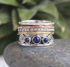 Lapis Lazuli Ring, Three Tone Ring, Boho, Anxiety Spinning Band,Silver sz 8