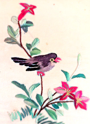 Vintage Weihnachten japanische unbenutzte Künstler Impression Stickerei Vogel Grußkarte (EB9215