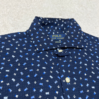 Polo Ralph Lauren Shirt Men Small Blue Seersucker Flags All Over Print Cotton