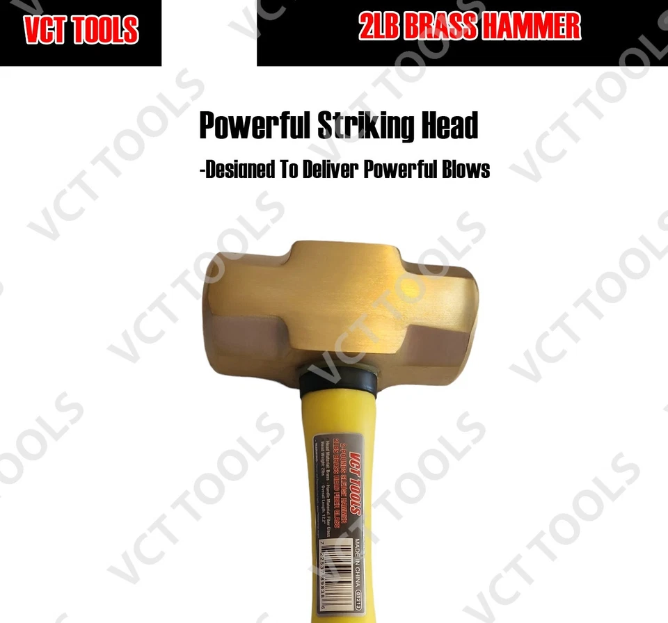 2 Pound Solid Brass Hammer with Fiberglass Handle Non Marring Non Sparking 2lb - Image 3 of 3