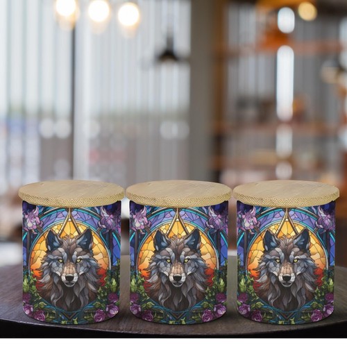 Wolf Stained Glass Look Frosted Candle Jar, Tealight With Timer Included - Picture 4 of 7