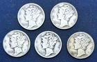 1943 (2), 1943-D (2), 1943-S  Mercury Silver Dimes , 5 coin lot